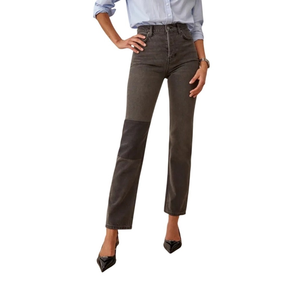 Reformation Cynthia High Rise‎ Straight Jeans Gray Patch Detail 26